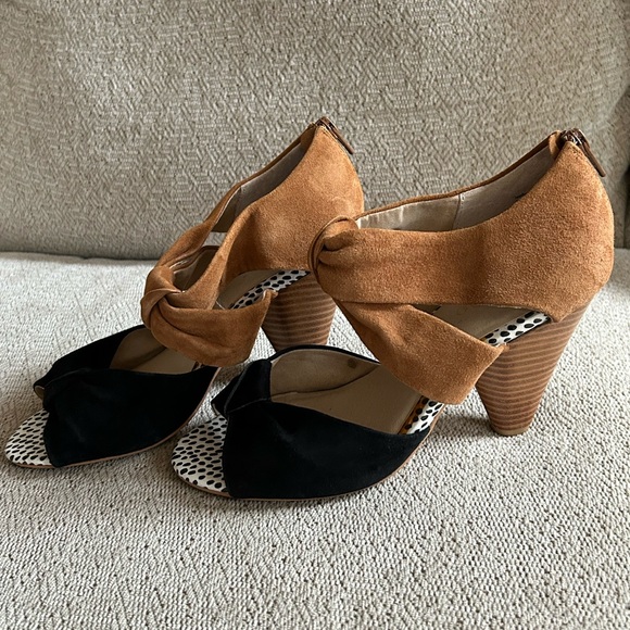 Lien Do Anthropologie Suede Open Toe Wood Heels 7.5 Black & Cognac - Picture 3 of 5